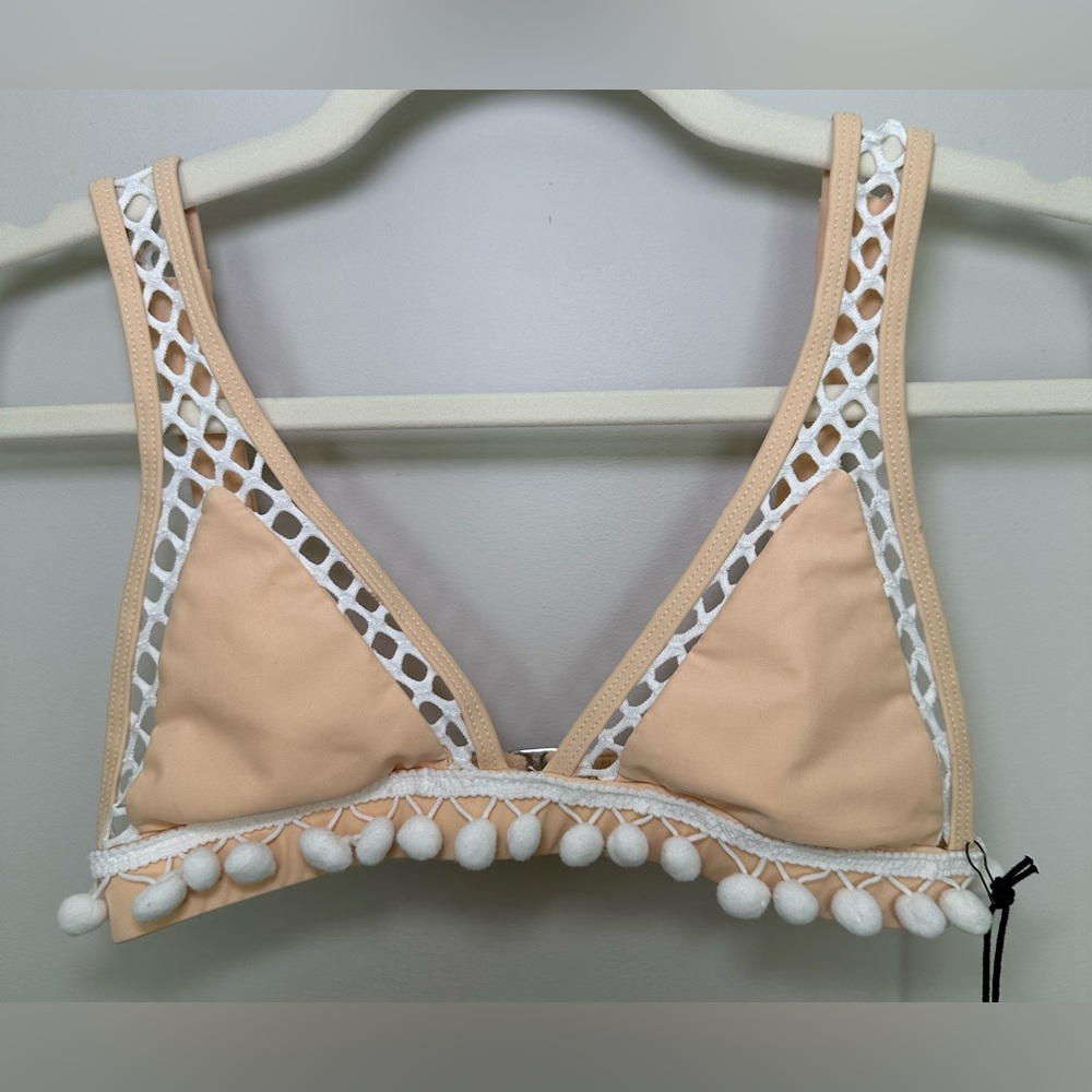 NWT Tularosa Revolve Pom Pom Mesh Bikini Top Beige Peach Cream Boho Swim‎ XS